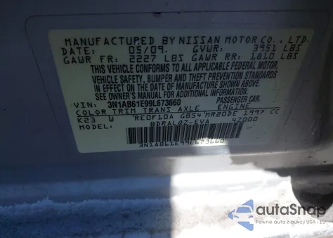 2009 Nissan Sentra 2.0 z USA, uszkodzony, nr VIN 3N1AB61E99L673660